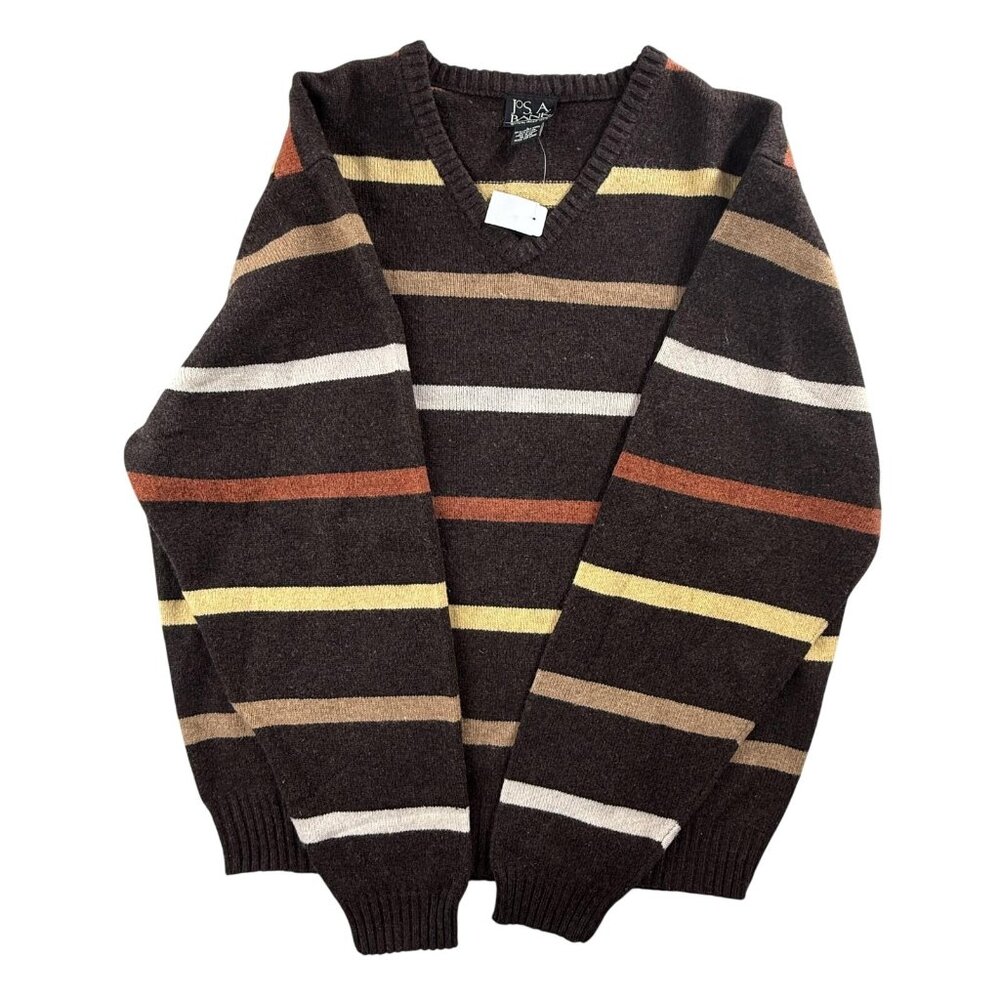 Jos A Bank Sweater Mens Large Brown V Neck Lambswool Striped Knit Pullover New - Picture 5 of 14
